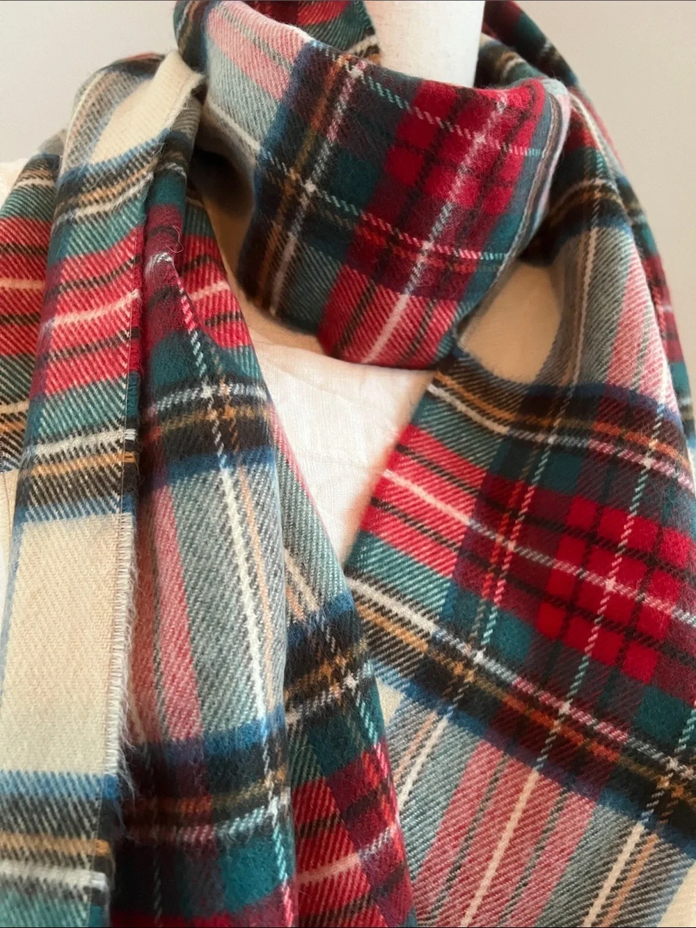 Classic Red Plaid Cream & Green Fringe Scarf Timeless Size 74” L x 12.25” W